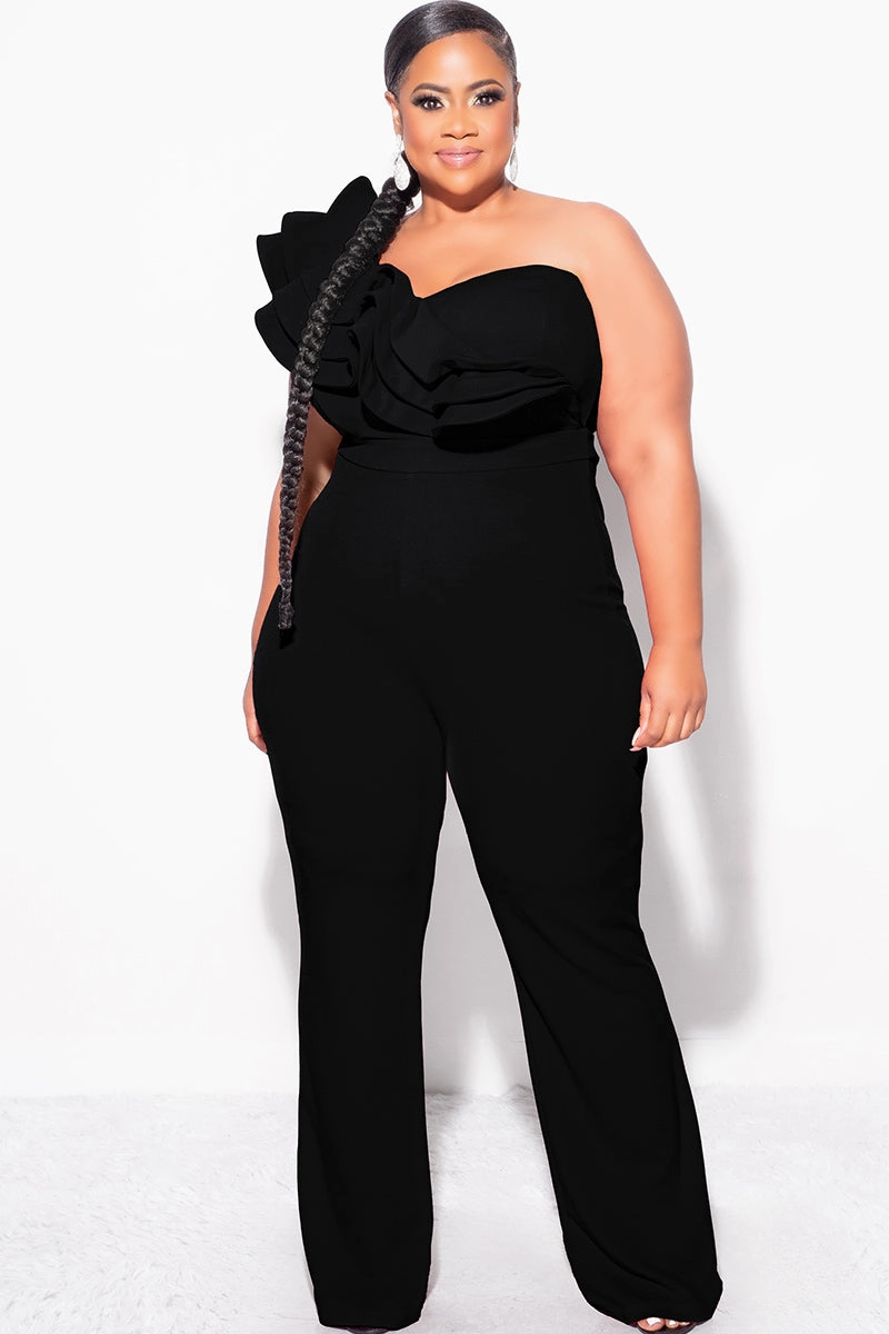 Lightweight Layer Flexible Waist Final Sale Plus Size One Shoulder Ruffle Trim Jumpsuit in Black