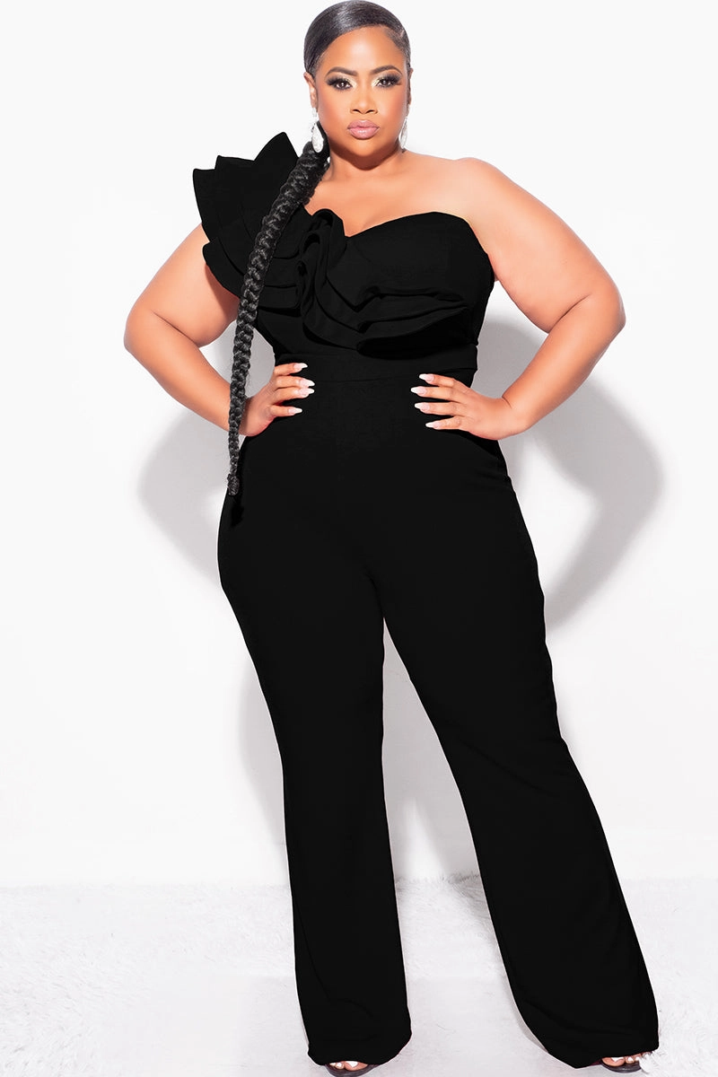 MachineWashable Final Sale Plus Size One Shoulder Ruffle Trim Jumpsuit in Black