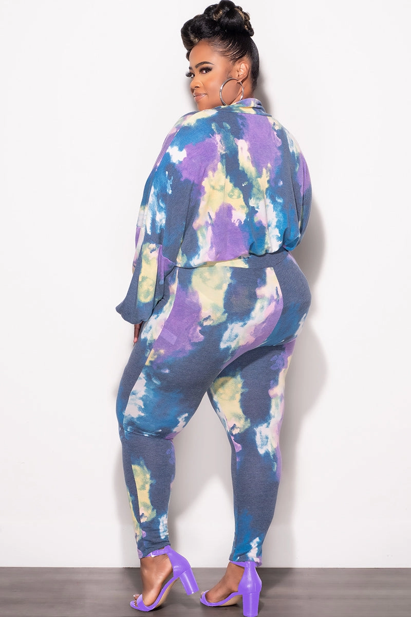 Cozy And Stylish Final Sale Plus Size 2-Piece Set Long Sleeve Top & Pants in Purple & Yellow Tie Dye