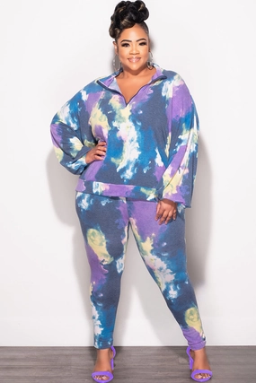 ElasticCuffs Final Sale Plus Size 2-Piece Set Long Sleeve Top & Pants in Purple & Yellow Tie Dye