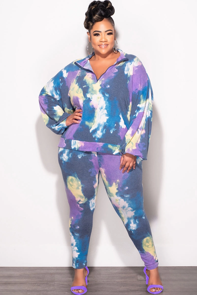 Final Sale Plus Size 2-Piece Set Long Sleeve Top & Pants in Purple & Yellow Tie Dye Slim wear