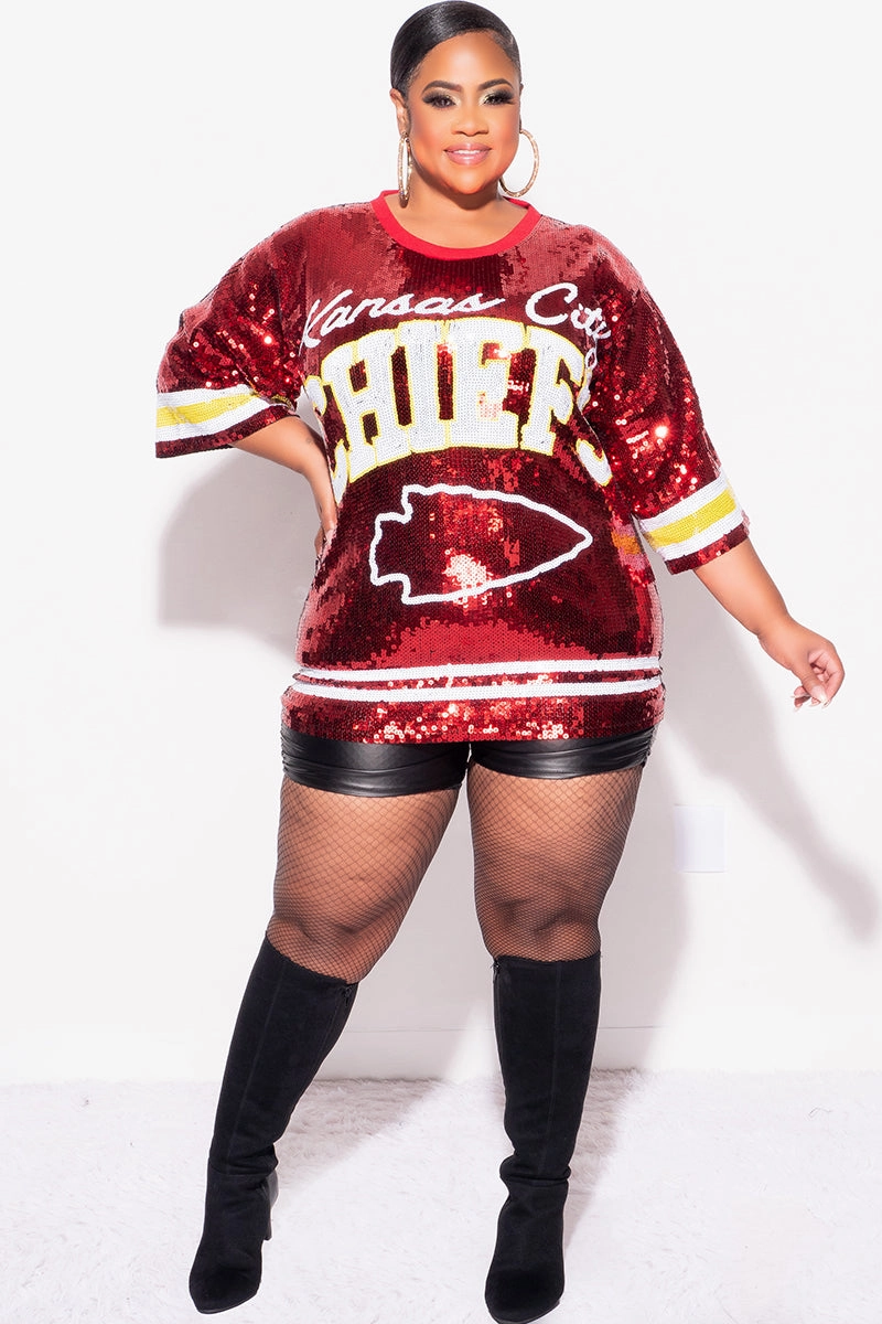 Bi Stretch Fabric Final Sale Plus Size Sequin Kansas City Chiefs Jersey Top in Red White and Gold