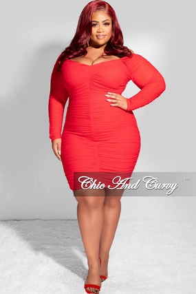 anti slip grip Indoor Comfort Final Sale Plus Size Ruched Off The Shoulder Mini Dress in Red