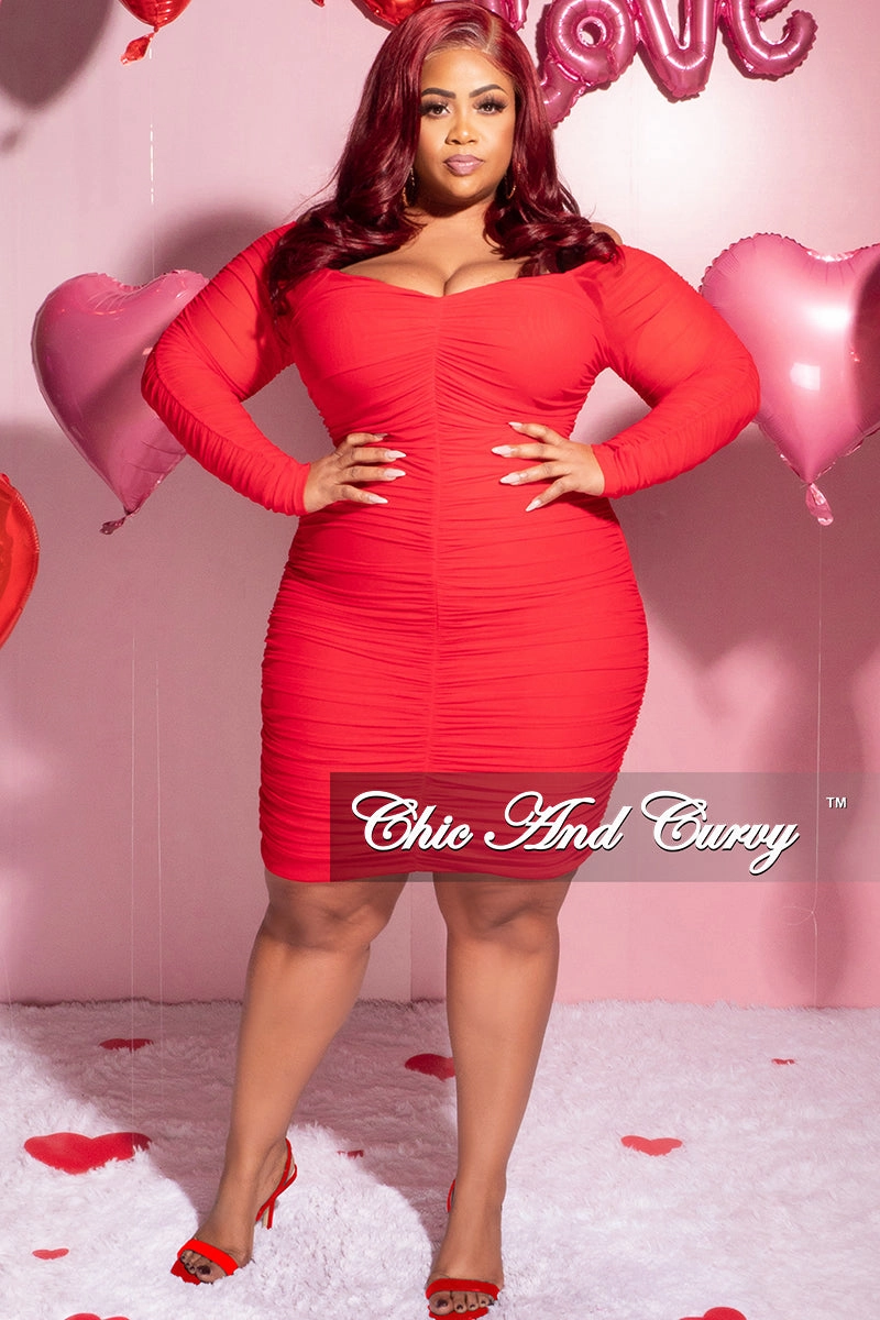 Final Sale Plus Size Ruched Off The Shoulder Mini Dress in Red No Ride Fit