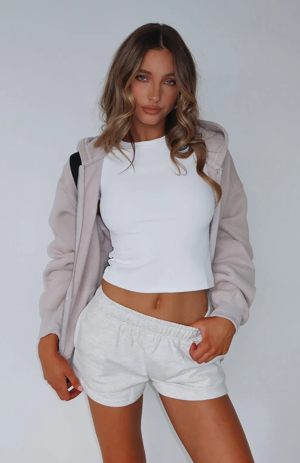 Miles Away Low Rise Shorts Grey Marle Zipper pockets