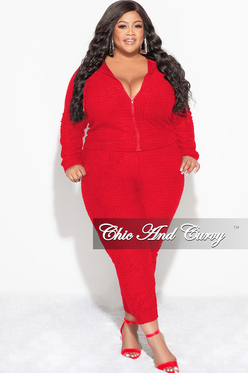 Final Sale Plus Size 2pc Hooded Zip-Up Jacket and Pants Set in Red Slim Shape Side Pockets