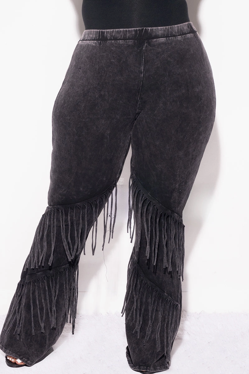 Final Sale Plus Size High Waist Fringe Trim Pants in Black Mineralize Fabric Low Profile Waistband Cozy Wear