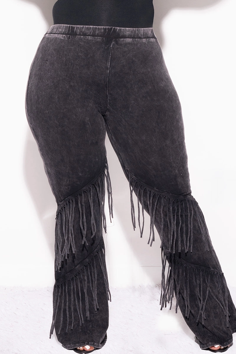 Comfort Wear Final Sale Plus Size High Waist Fringe Trim Pants in Black Mineralize Fabric