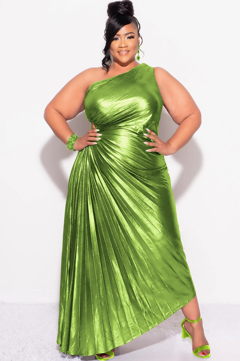 Soft and Cozy Sleek Appearance Final Sale Plus Size One Shoulder Asymmetric Pleated Dress with Cut Out in Metallic Moss Green