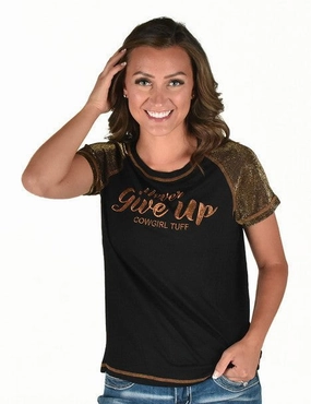 Contrast Stitch Hidden Button Placket Cowgirl Tuff Womens Never Give Up Shimmer Copper Nylon S/S T-Shirt