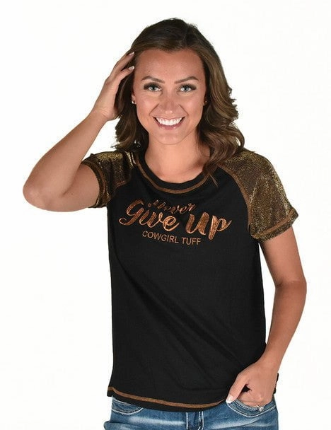 Weekend Outfit Cowgirl Tuff Womens Never Give Up Shimmer Copper Nylon S/S T-Shirt