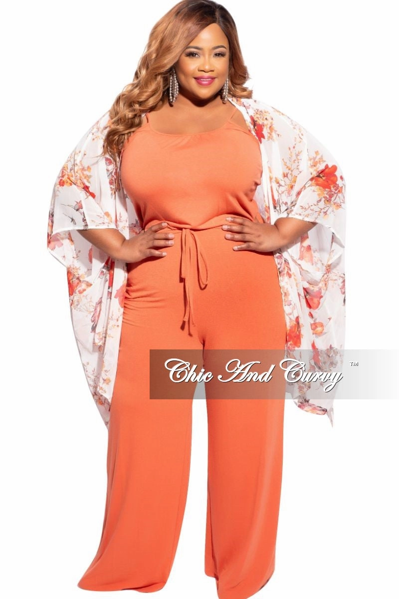 Stretchable Fabric Final Sale Plus Size 3/4 Sleeve Chiffon Duster in Ivory/Red & Orange Floral Print