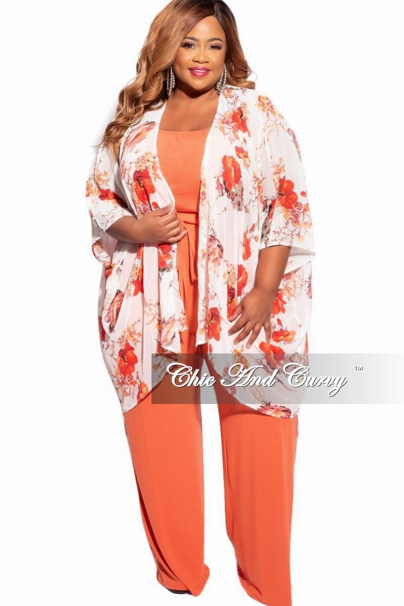 Final Sale Plus Size 3/4 Sleeve Chiffon Duster in Ivory/Red & Orange Floral Print Laser cut