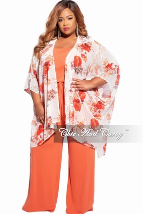 Final Sale Plus Size 3/4 Sleeve Chiffon Duster in Ivory/Red & Orange Floral Print Convertible legs