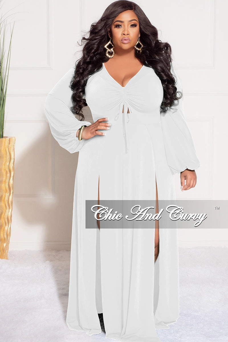 Final Sale Plus Size Ruched Maxi Dress with Double Slits in Ivory White Water Repellent Coating