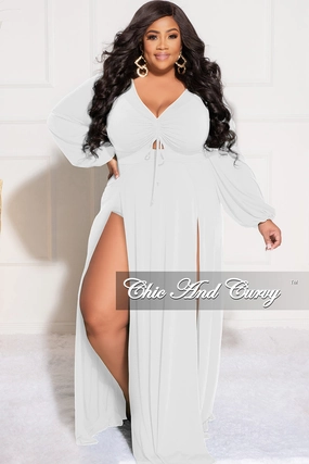 Final Sale Plus Size Ruched Maxi Dress with Double Slits in Ivory White Lightweight Wear Hidden Pocket System