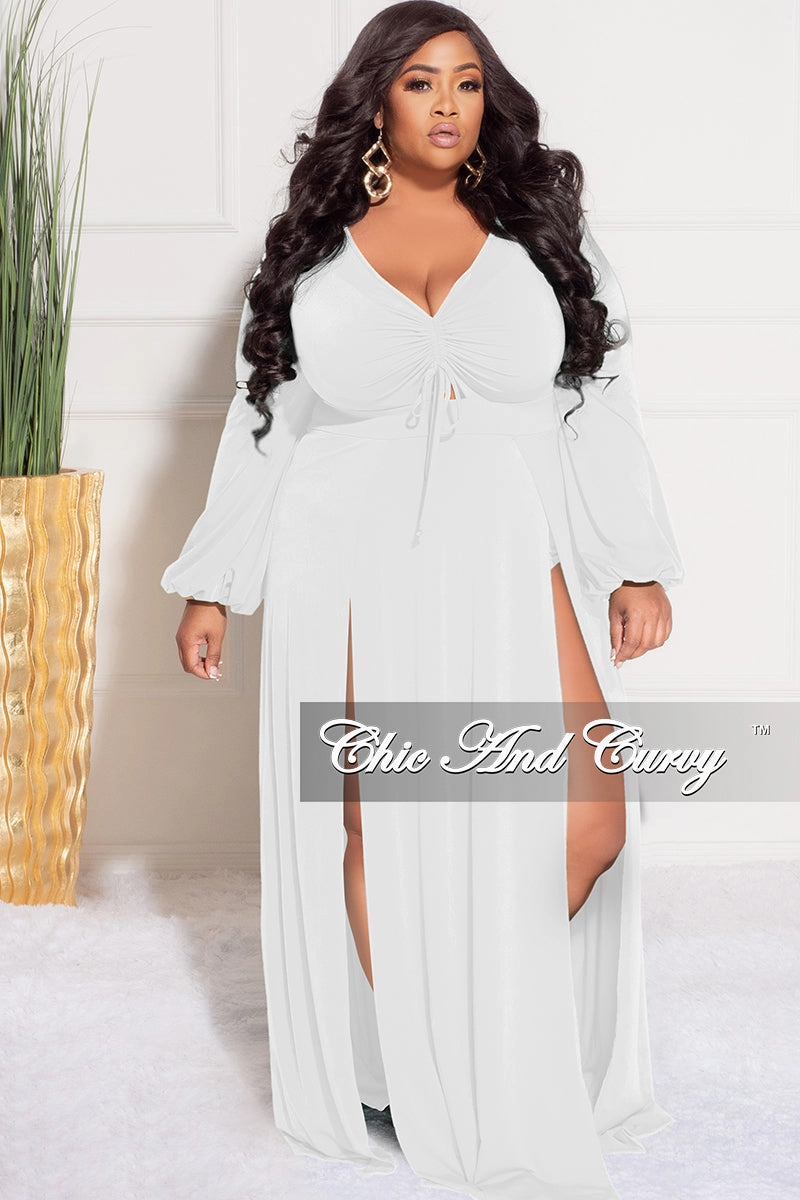 FunctionalZipper LowProfileStitching Final Sale Plus Size Ruched Maxi Dress with Double Slits in Ivory White