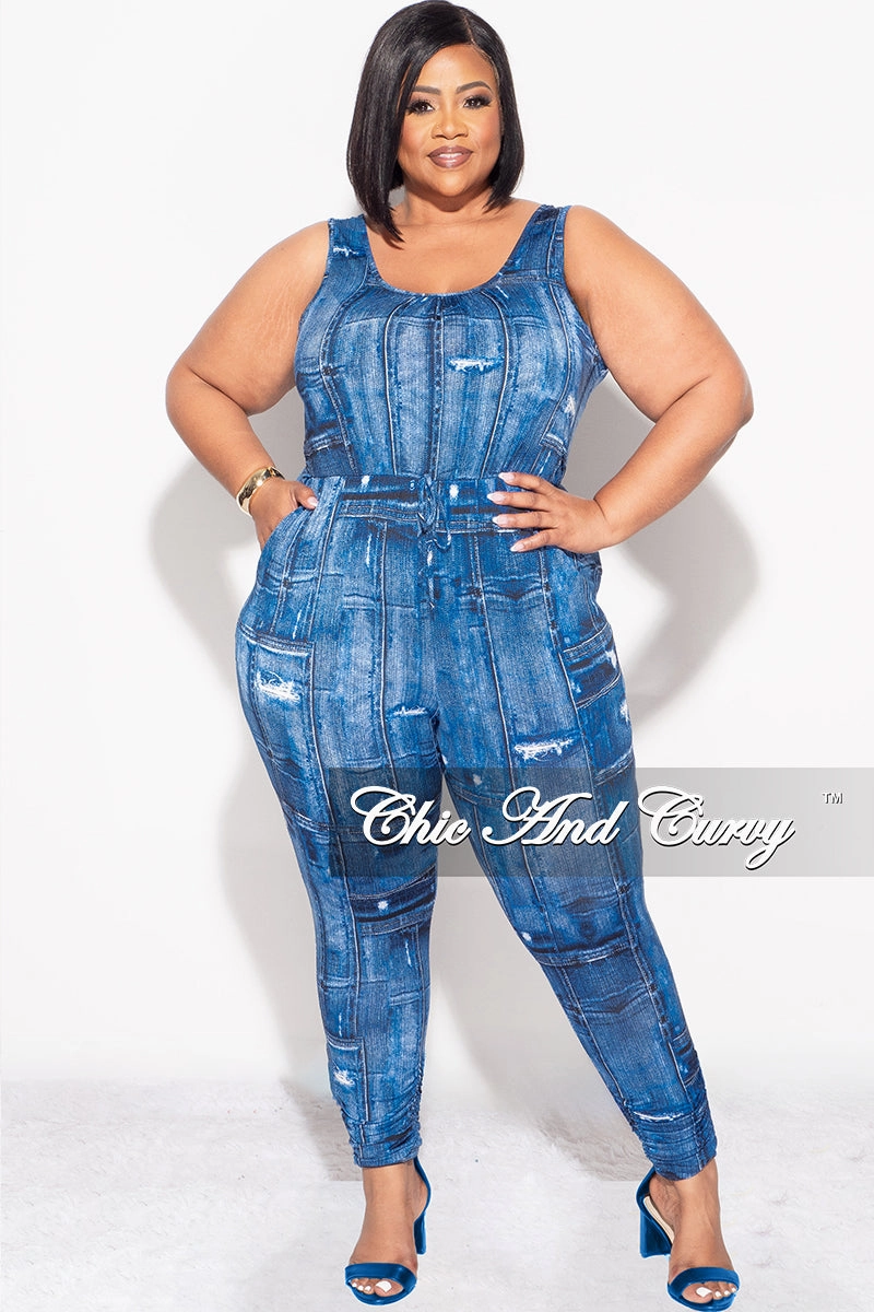 Anti Pilling Surface Final Sale Plus Size Drawstring Keyhole Jumpsuit in Denim Print