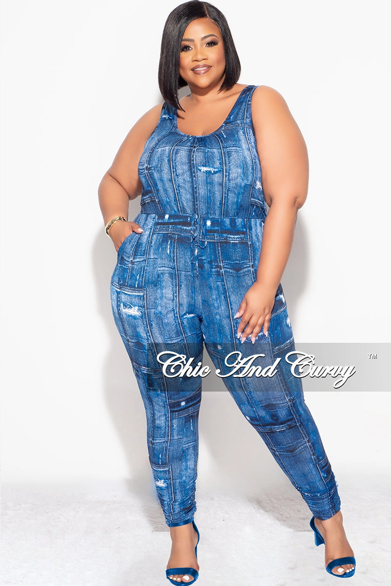 Final Sale Plus Size Drawstring Keyhole Jumpsuit in Denim Print Anti Bacterial Treatment Stretchable Wear