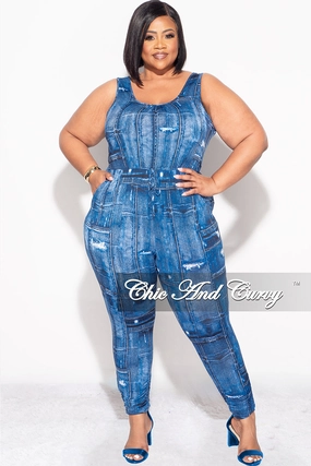 Anti Pilling Surface Final Sale Plus Size Drawstring Keyhole Jumpsuit in Denim Print