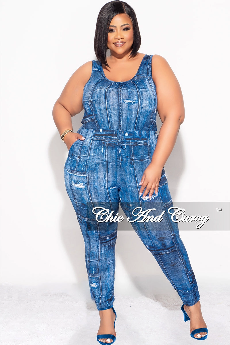 Final Sale Plus Size Drawstring Keyhole Jumpsuit in Denim Print All Season Fit Fade Resistant Dye