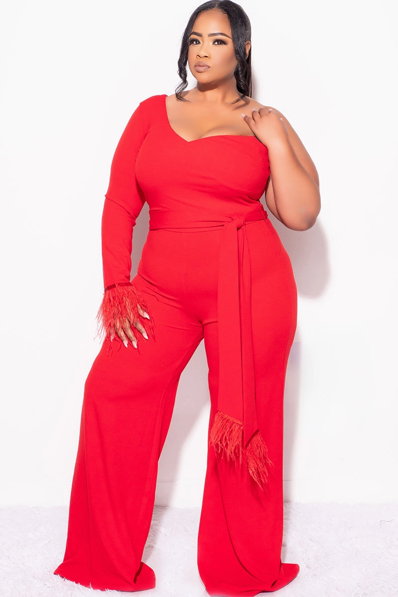 Urban Edge Final Sale Plus Size One Shoulder Long Sleeve Feather Cuff Jumpsuit with Tie in Red