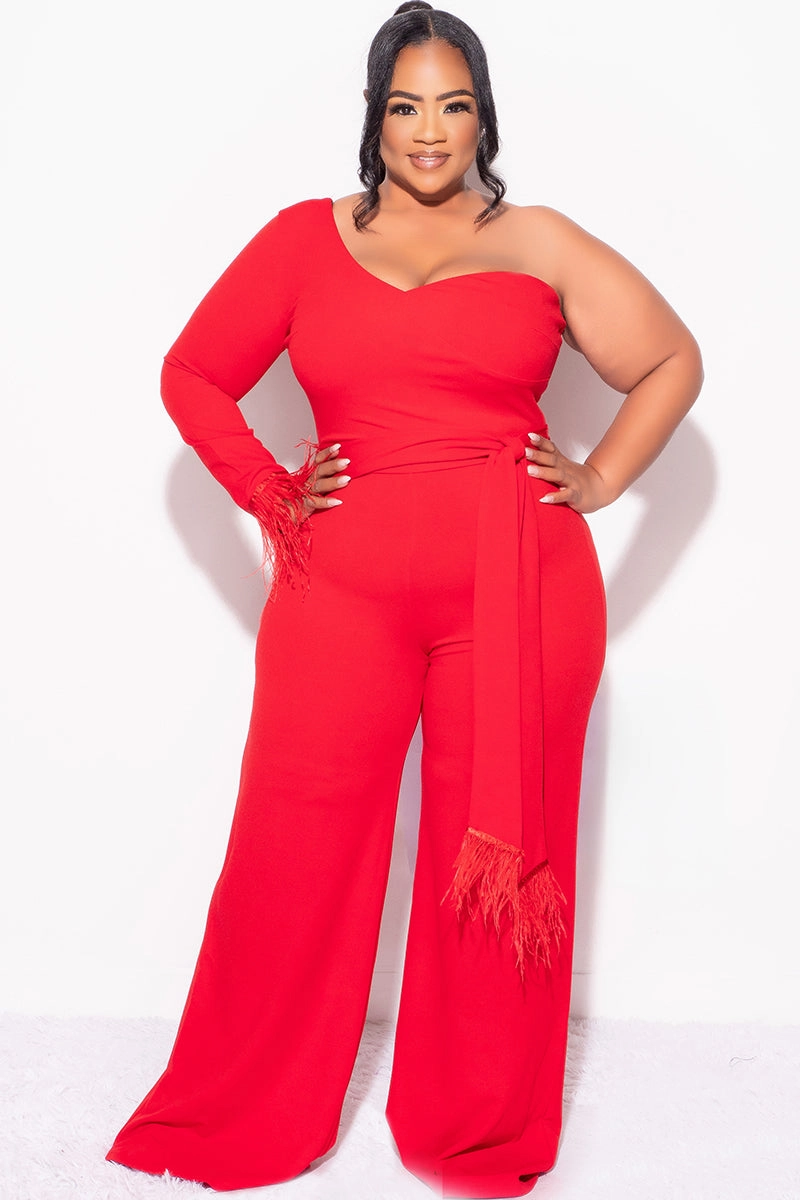 ResilientElasticBand Final Sale Plus Size One Shoulder Long Sleeve Feather Cuff Jumpsuit with Tie in Red