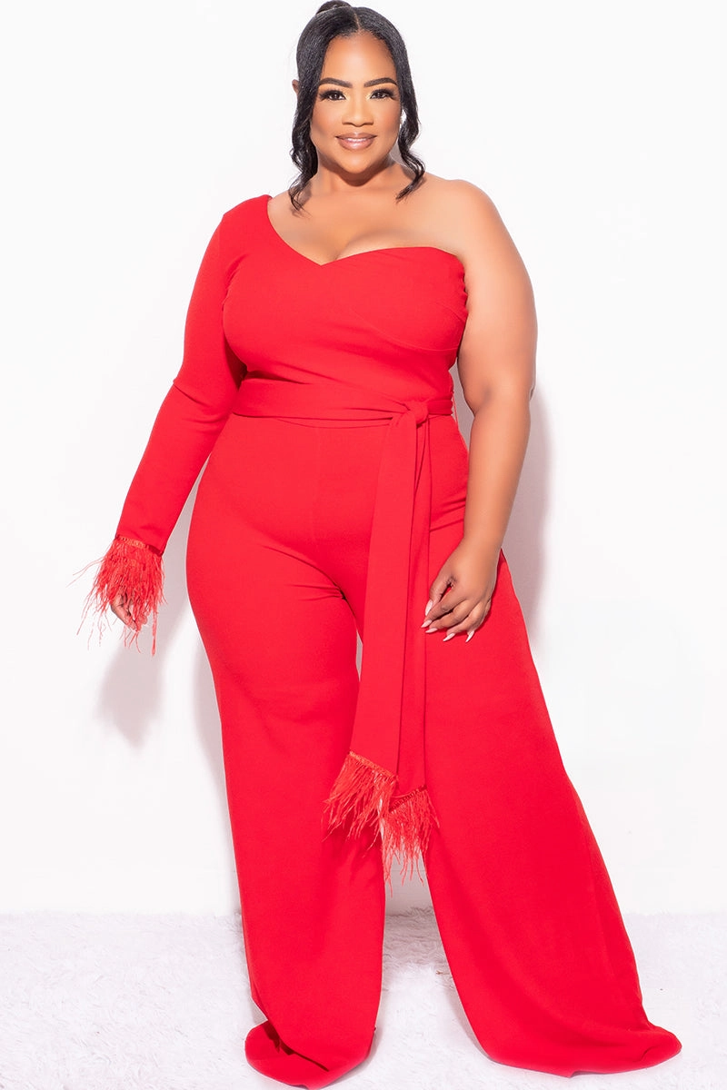 Final Sale Plus Size One Shoulder Long Sleeve Feather Cuff Jumpsuit with Tie in Red Sporty Fit Design Seamless Technology