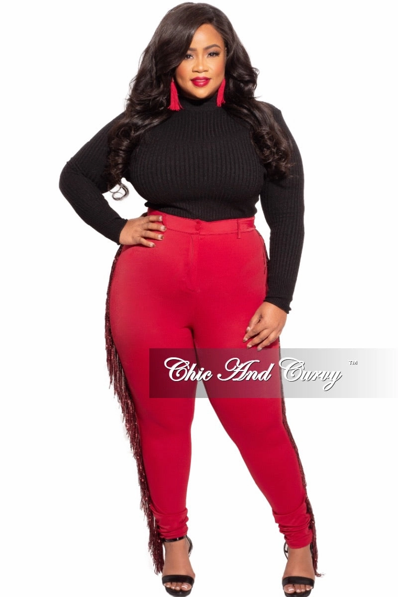 Final Sale Plus Size Burgundy High Waist Pants with Burgundy Sequin Fringe Trim Street Comfort Anti Snag Threading