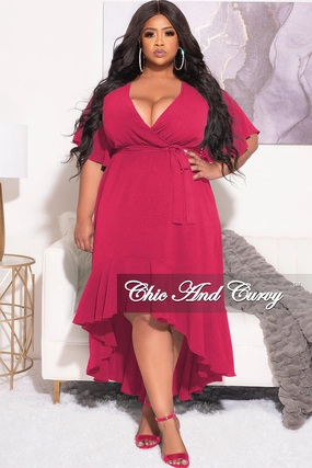 Final Sale Plus Size Faux Wrap High-Low Dress with Waist Tie in Pink Fuchsia Functional Fashion