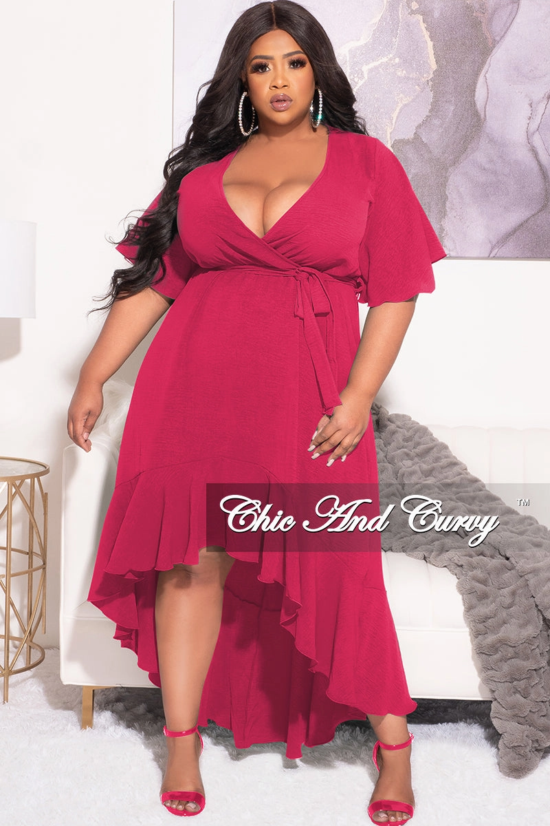 Comfy Wearable Casual Layer Final Sale Plus Size Faux Wrap High-Low Dress with Waist Tie in Pink Fuchsia