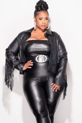 Final Sale Plus Size Fringe Faux Leather Top / Jacket in Black Body shaping