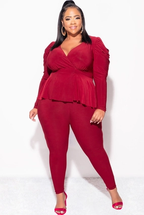 Ultra Soft Final Sale Plus Size Faux Wrap Peplum Top and Pants Set in Burgundy