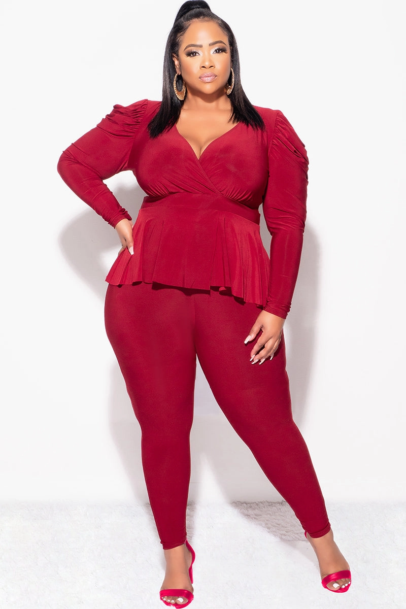 Final Sale Plus Size Faux Wrap Peplum Top and Pants Set in Burgundy Hidden Pocket System