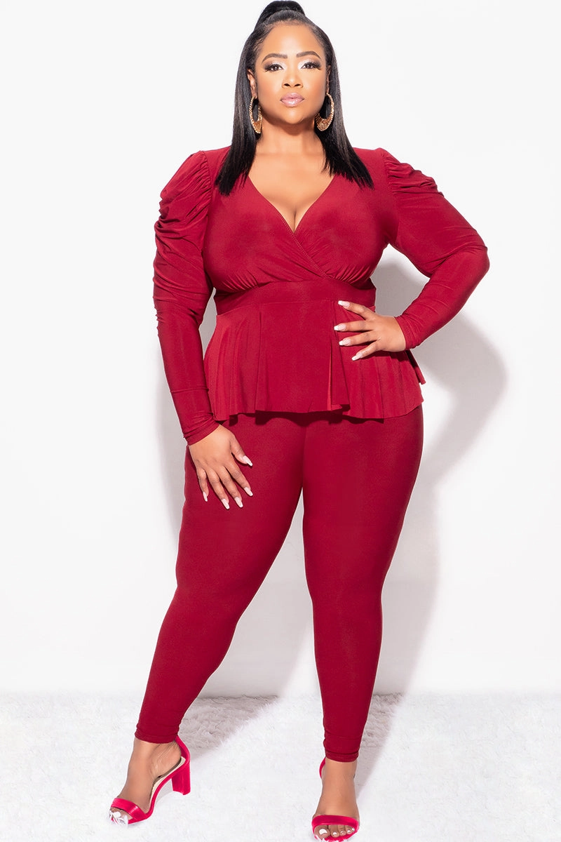 Final Sale Plus Size Faux Wrap Peplum Top and Pants Set in Burgundy Movement Flex Movement Support
