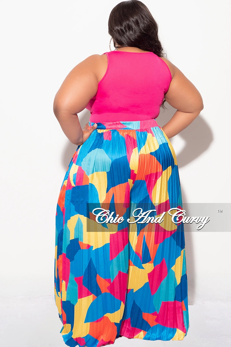 Low Rise Fit Final Sale Plus Size Satin Palazzo Pleated Pants in Royal Blue Multi Color Design Print