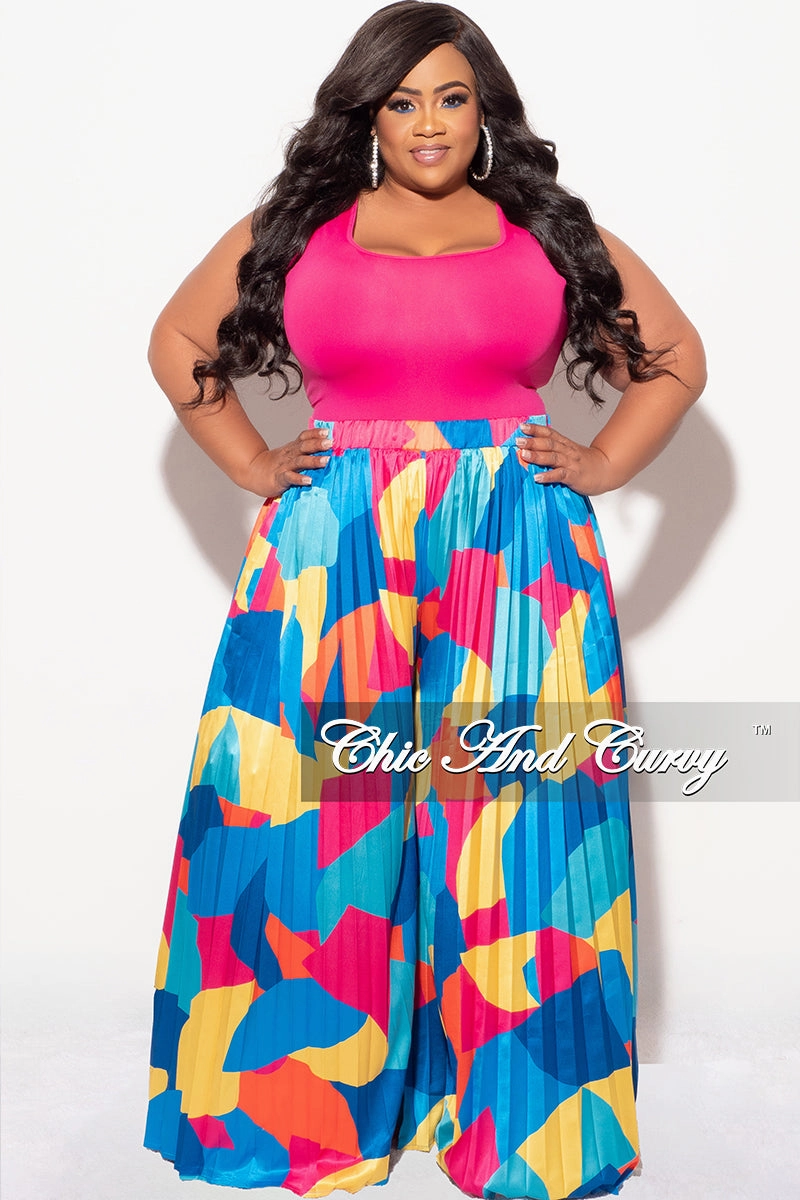 Street Style Easy Flex Design Final Sale Plus Size Satin Palazzo Pleated Pants in Royal Blue Multi Color Design Print