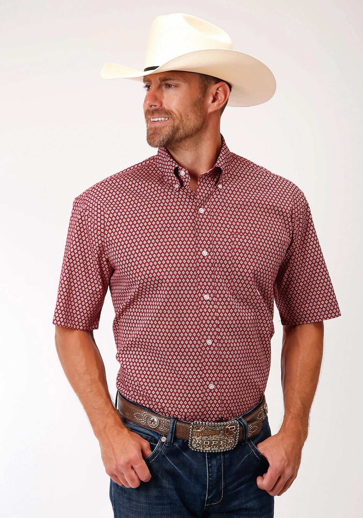 Waffle Weave Festival Outfit Roper Mens Red 100% Cotton Barn Foulard BD S/S Btn Shirt
