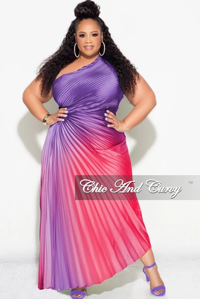 Final Sale Plus Size Satin One Shoulder Asymmetric Pleated Dress with Cut Out in Purple and Fuchsia Packable Fit