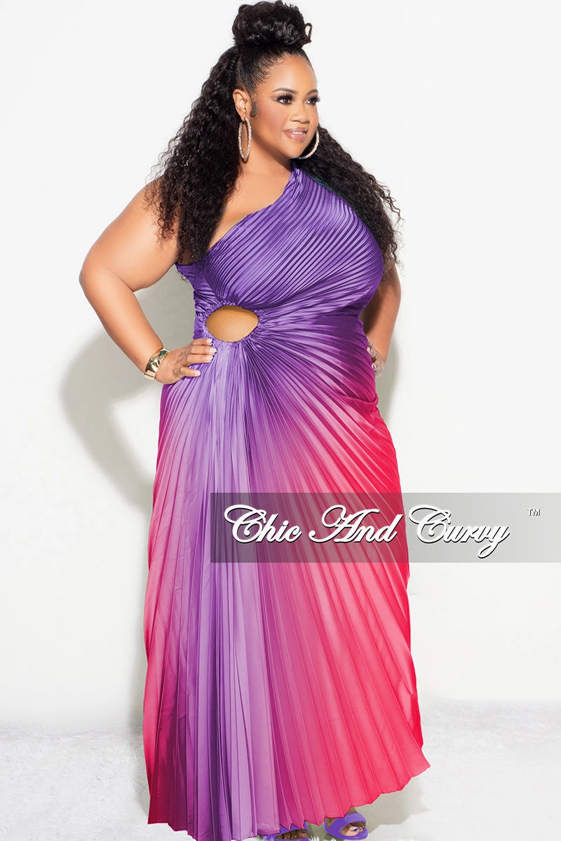 Non Restrictive Final Sale Plus Size Satin One Shoulder Asymmetric Pleated Dress with Cut Out in Purple and Fuchsia
