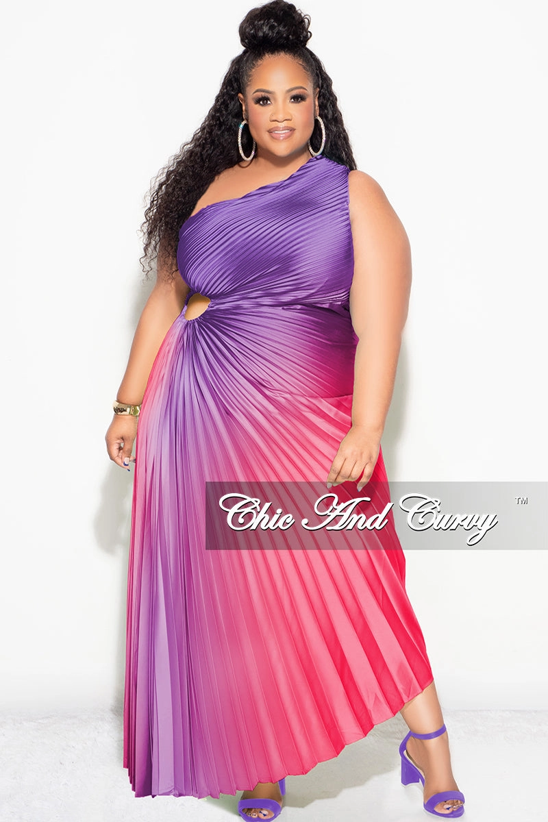 Final Sale Plus Size Satin One Shoulder Asymmetric Pleated Dress with Cut Out in Purple and Fuchsia Stretch waistband