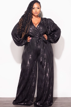 HighRiseWaistband Final Sale Plus Size Faux Wrap Tie Jumpsuit in Black Faux Sequin