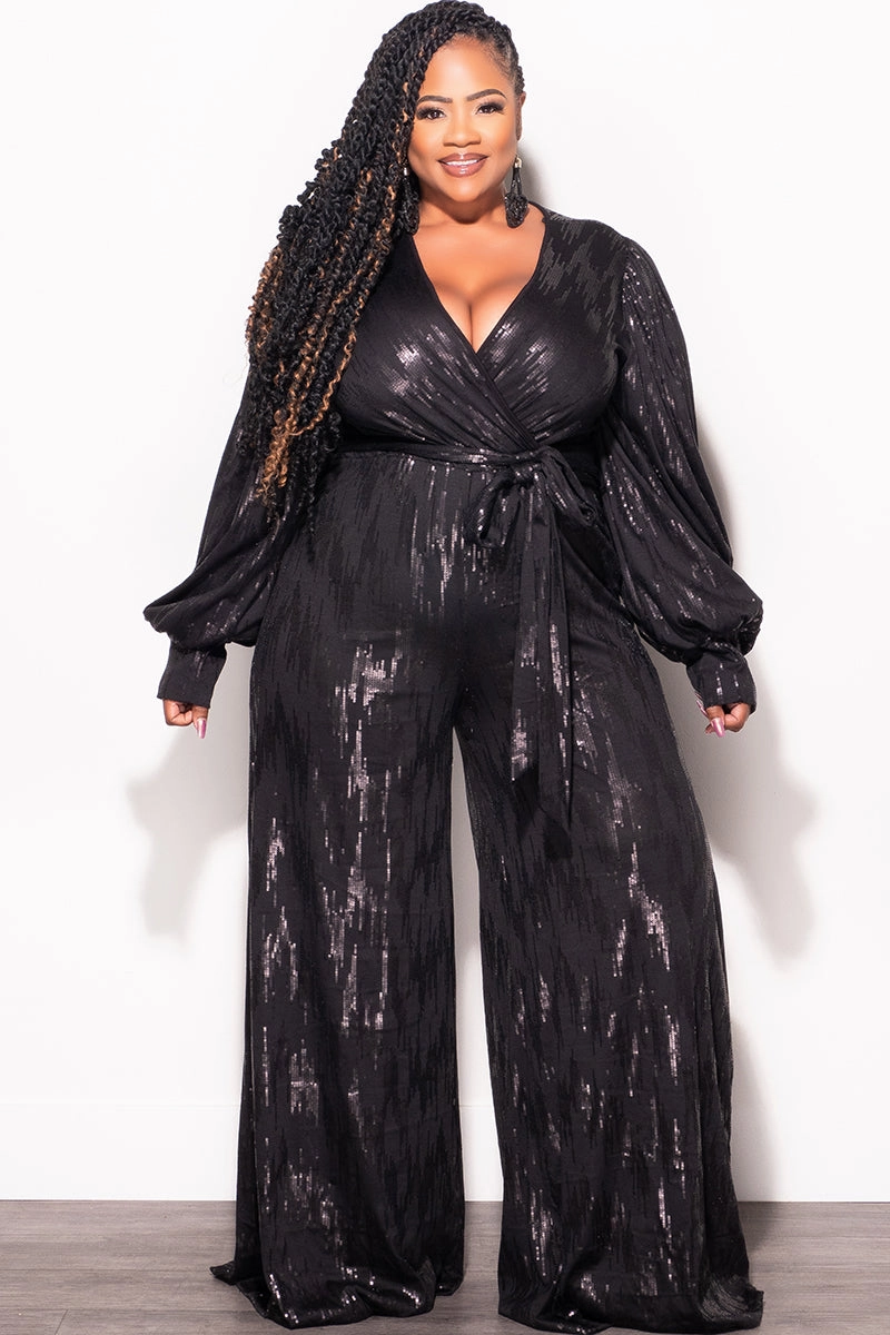 Final Sale Plus Size Faux Wrap Tie Jumpsuit in Black Faux Sequin Outdoor Friendly
