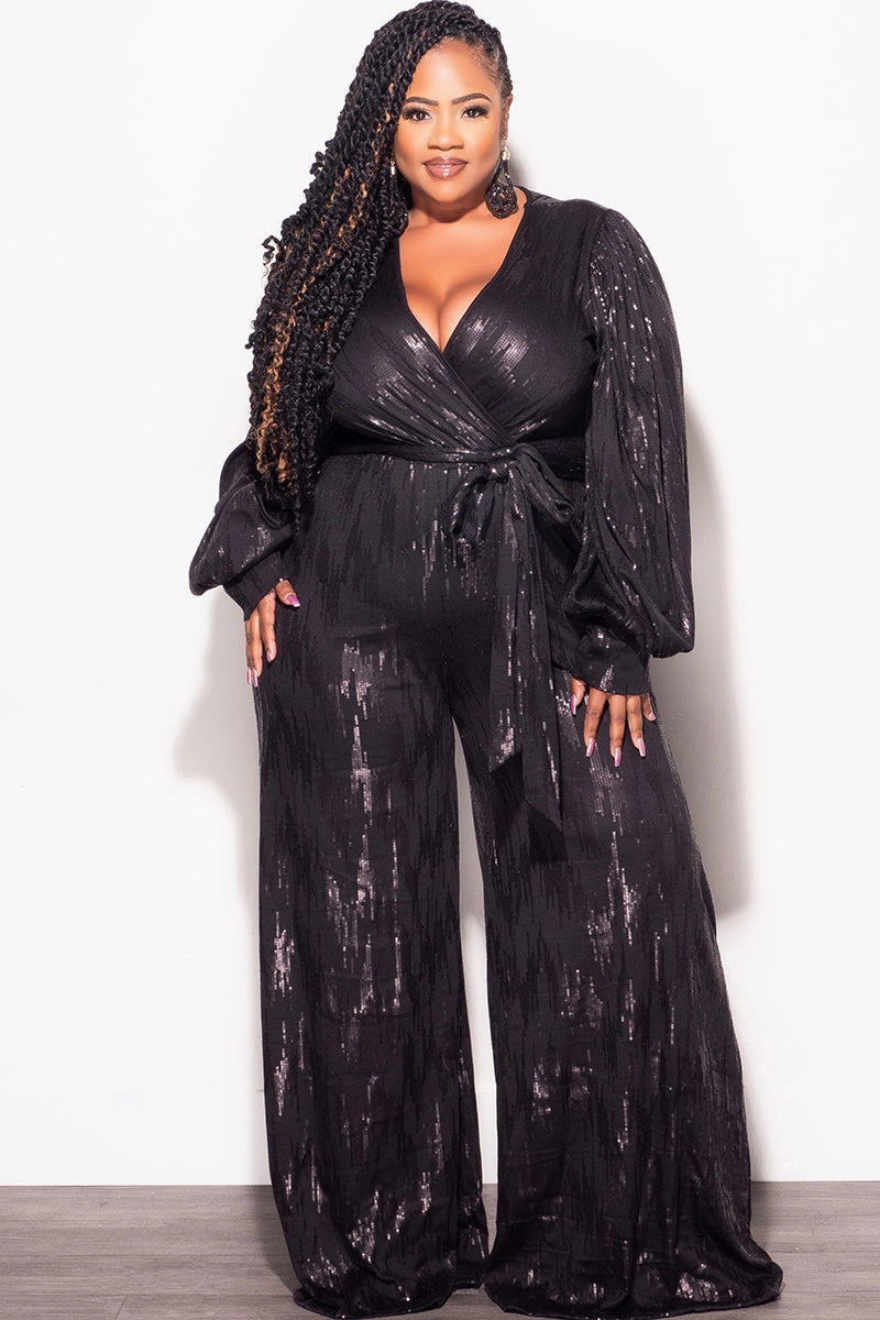 Flowy legs Casual Layer Fit Final Sale Plus Size Faux Wrap Tie Jumpsuit in Black Faux Sequin