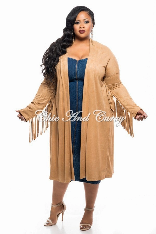 Light Fabric Final Sale Plus Size Jacket in Faux Suede with Fringe Sleeves and Slit Back in Camel