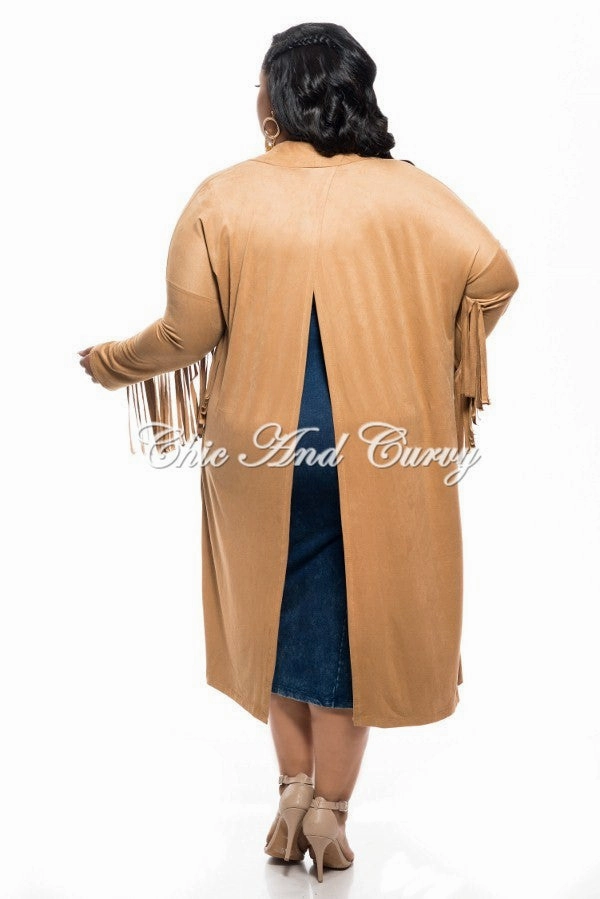 Final Sale Plus Size Jacket in Faux Suede with Fringe Sleeves and Slit Back in Camel Comfort Control