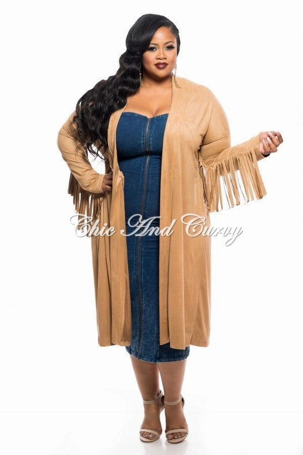 DoubleLayeredKnees Eco Dye Process Final Sale Plus Size Jacket in Faux Suede with Fringe Sleeves and Slit Back in Camel
