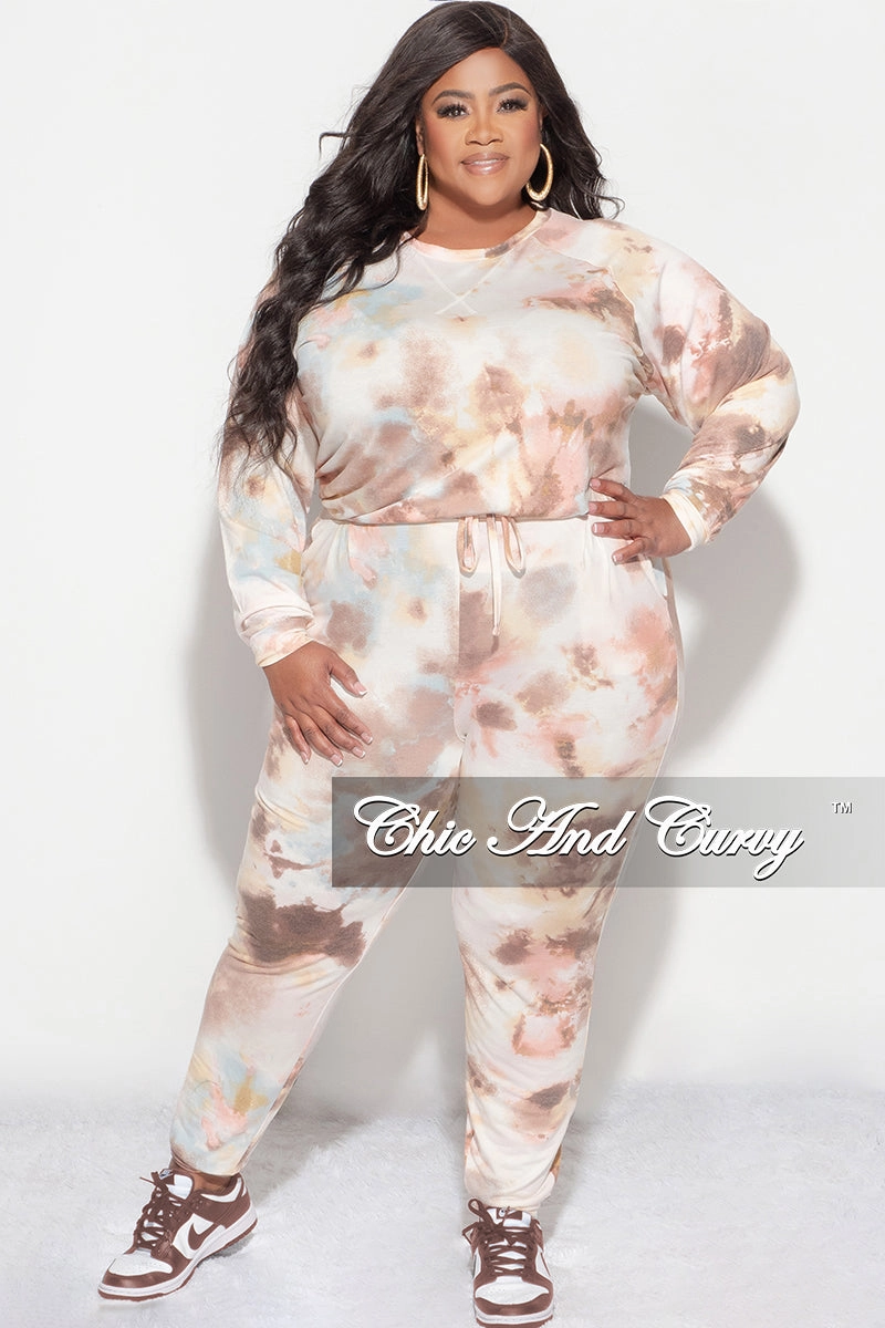 Final Sale Plus Size 2 Piece Set in Brown Tie Dye Print Wrinkle Resistant Finish
