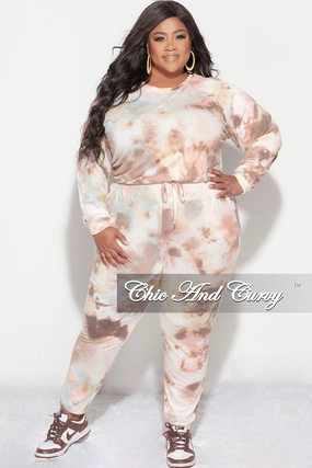 Final Sale Plus Size 2 Piece Set in Brown Tie Dye Print Wrinkle Resistant Finish