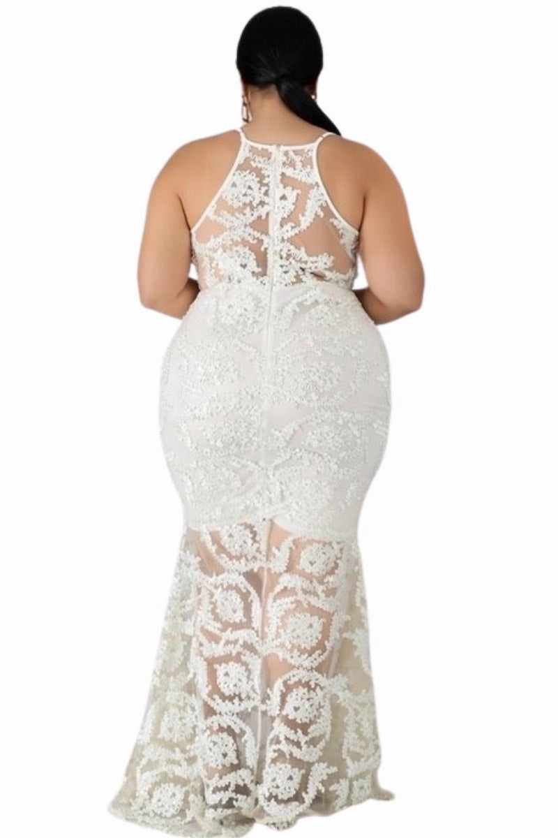 Hip Friendly Pockets Dressy look Final Sale Plus Size Gown with Deep V and Mermaid Bottom in Ivory